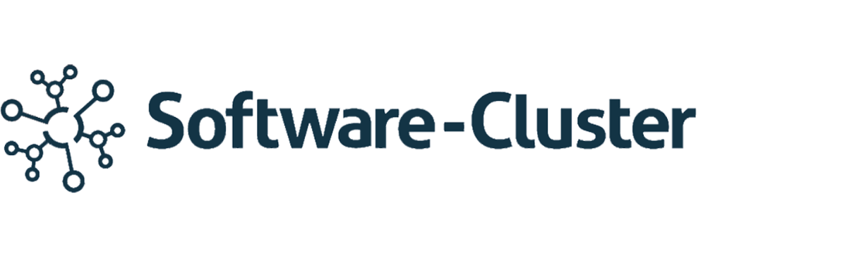 Das Logo zeigt den Schriftzug „Software-Cluster“ in einer modernen, abgerundeten serifenlosen Schrift. Links neben dem Text befindet sich ein grafisches Symbol, das wie ein Netzwerkdiagramm oder Molekülmodell aussieht