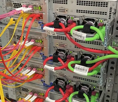 Bild vom SAC GmbH Private Cloud Rechenzentrum, explizit einem Server in dem Strom und Data Kabel stecken.
