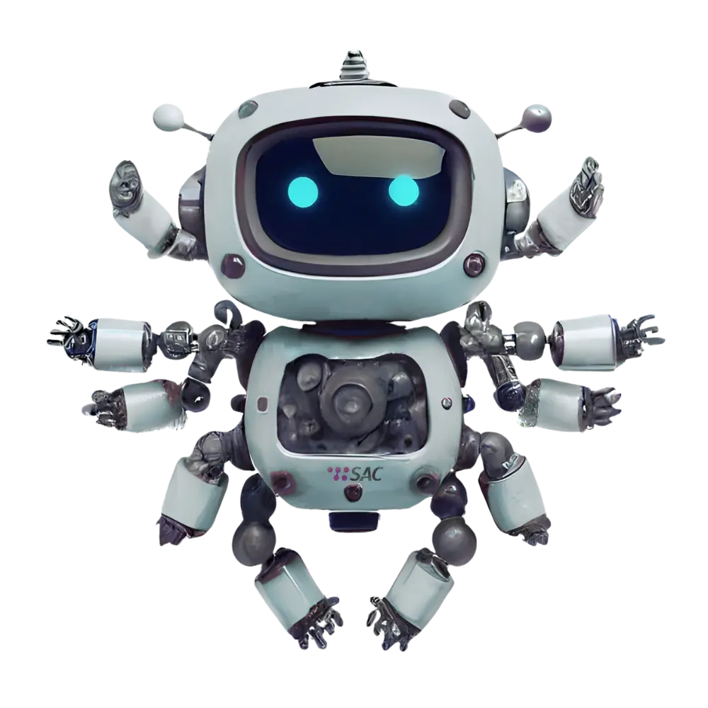 Abbildung eines Roboters mit 10 Armen und dem SAC Logo in der Mitte des Torsos. Als Kopf hat er einen Bildschirm mit zwei blauen Punkten als Augen. Dieser steht für den SAC AutoMate um tägliche IT-Aufgaben zu atomatisieren
