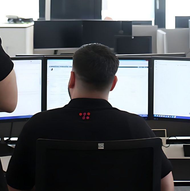 Foto von drei SAC Mitarbeitern. Ein Mitarbeiter sitzt vor drei Bildschirmen an seinem Arbeitsplatz und zwei Mitarbeiter stehen hinter ihm und Beraten sich. Alle tragen ein schwarzes SAC Polohemd