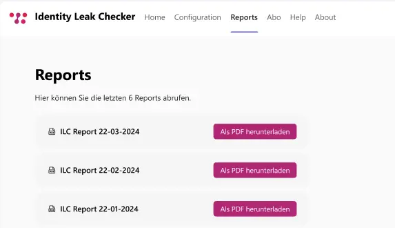 Screenshot der Reporting Optionen des ILC und der Möglichkeit diese als PDF herunter zu laden