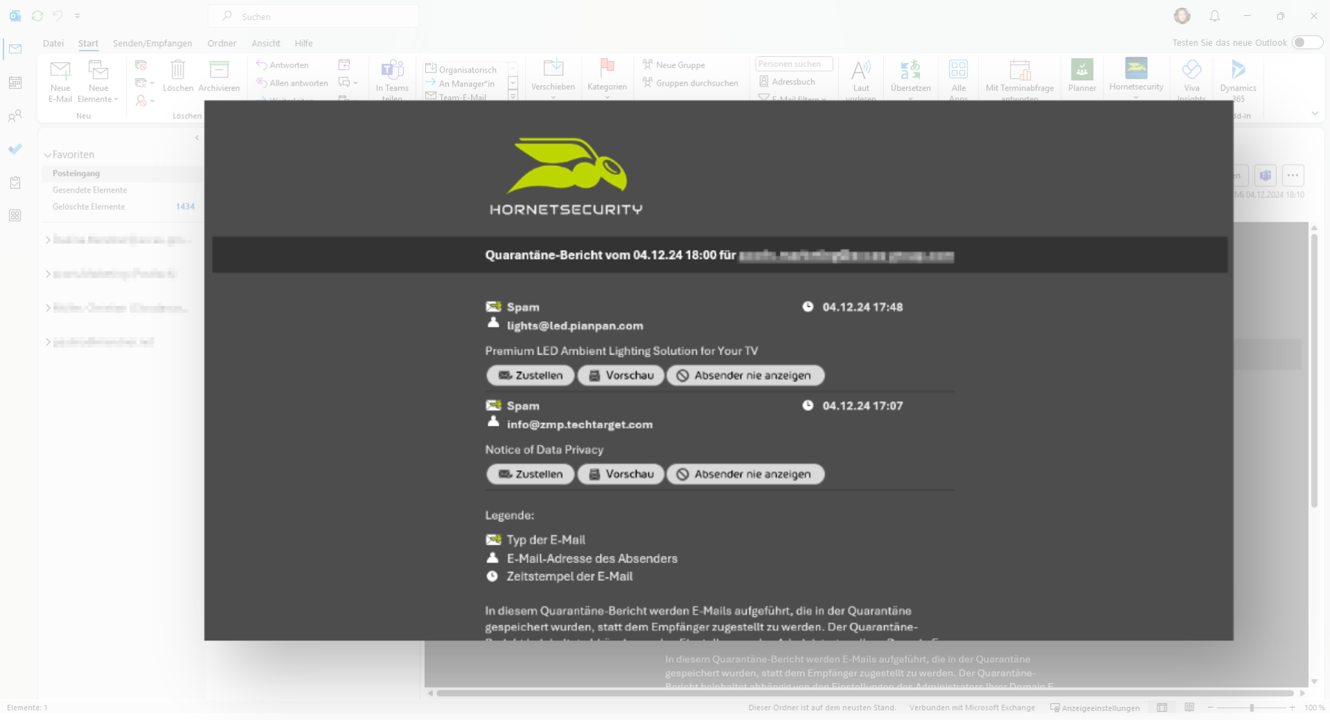 Screenshot von Hornetsecurity und einer Auflistung erkannter Spammails