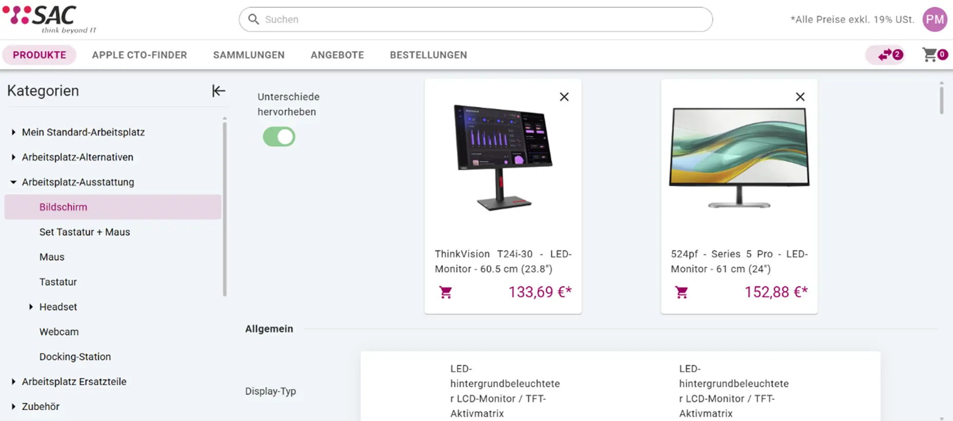 sac_beitragsbild_screenshot-shop_bildschirm vergleich Die SAC Shop wird angezeigt. Auf der linken Seite befindet sich die Navigationsleiste der Produktkategorien. In der Mitte werden zwei Computermonitore angezeigt. und diese Verglichen