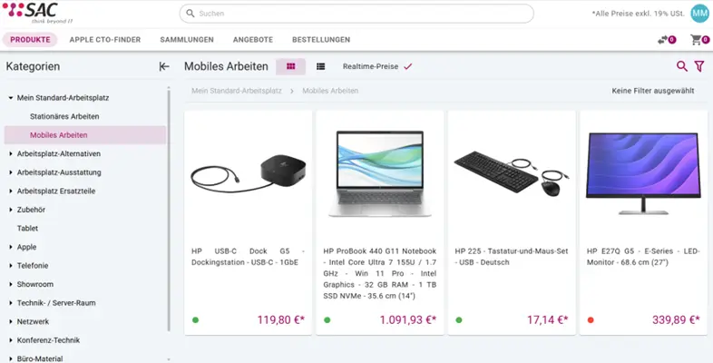 sac_beitragsbild_screenshot-shop_filter standard arbeitsplatz Die SAC Shop wird angezeigt. Auf der linken Seite befindet sich die Navigationsleiste der Produktkategorien. Ausgewählt ist Mobiles arbeiten. Eine Docking Station, eine Notebook, ein Tastatur und Maus Set sowie ein Monitor angezeigt.