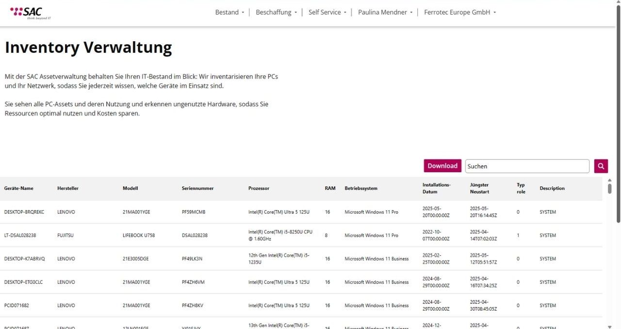 SAC_beitragsbild_sacses portal inventory verwaltung Auf dem Screenshot ist der Bereich Inventory Verwaltung aus dem SAC Kundenportal sichtbar. Zu sehen ist eine Geräteübersicht.