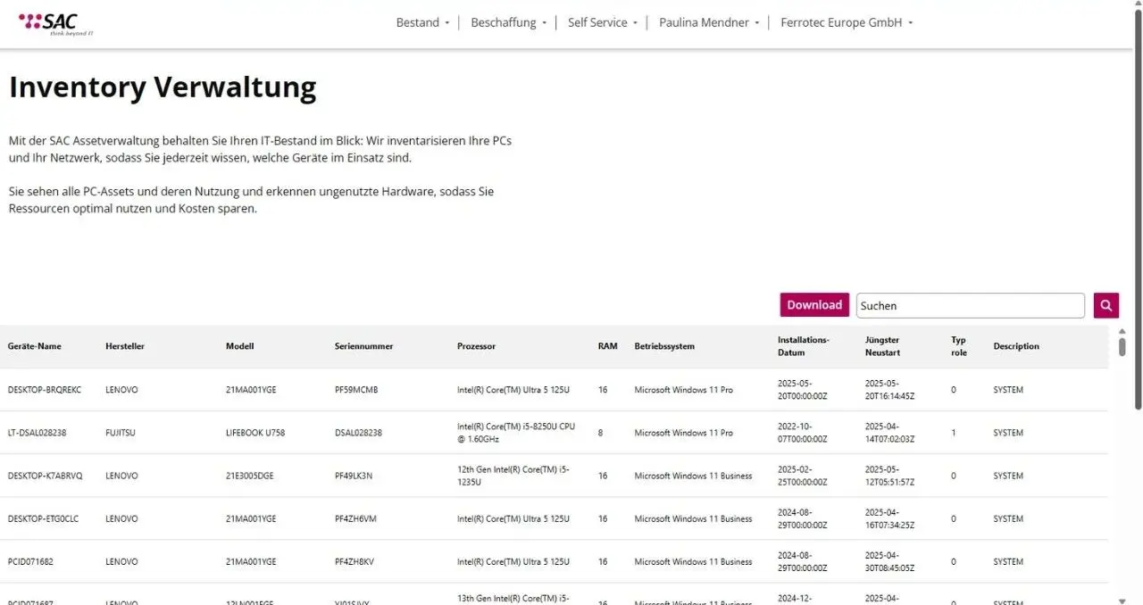 Auf dem Screenshot ist der Bereich Inventory Verwaltung aus dem SAC IT Self Service Portal sichtbar. Zu sehen ist eine Geräteübersicht.