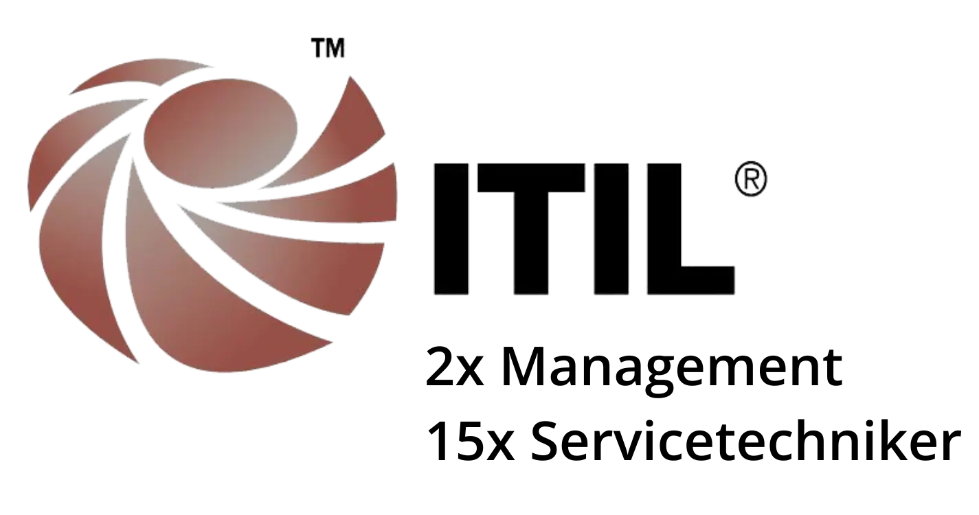 sac_logo_ITIL-Zertifikate Der Banner zeigt das ITIL Logo mit dem SAC Partnerstatus 2-mal ausgezeichnet für Management und 15-mal ausgezeichnet für Servicetechniker.